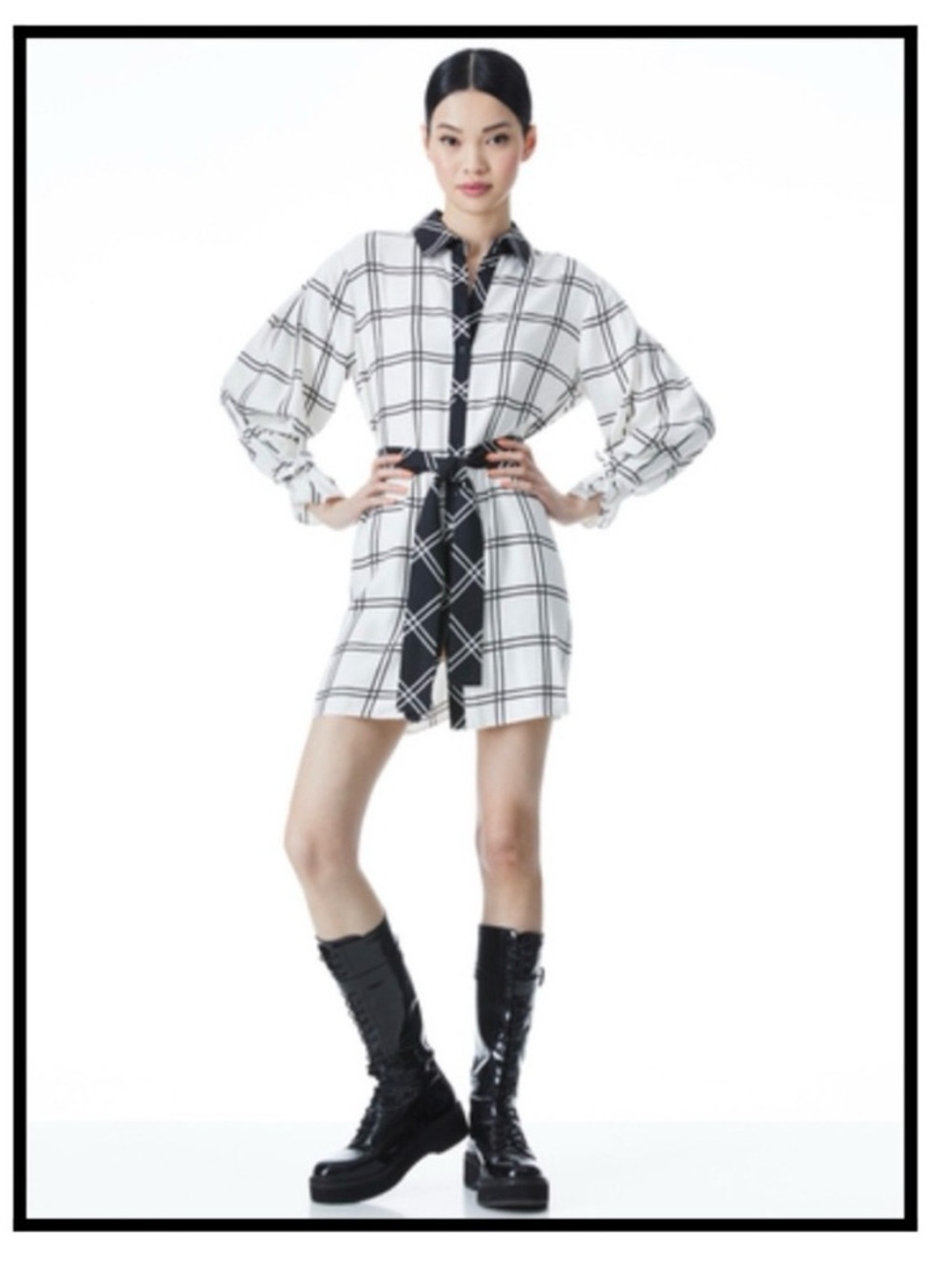 Alice + Olivia White and Black Plaid Shirt Mini Dress